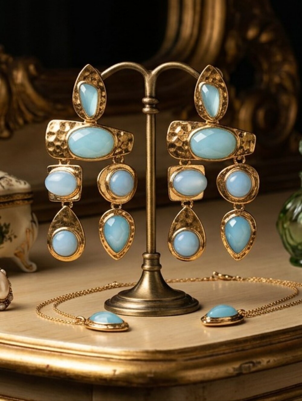 NWT Handmade Azure Blue Waterdrop Crystal Chandelier Gold Drop Earrings